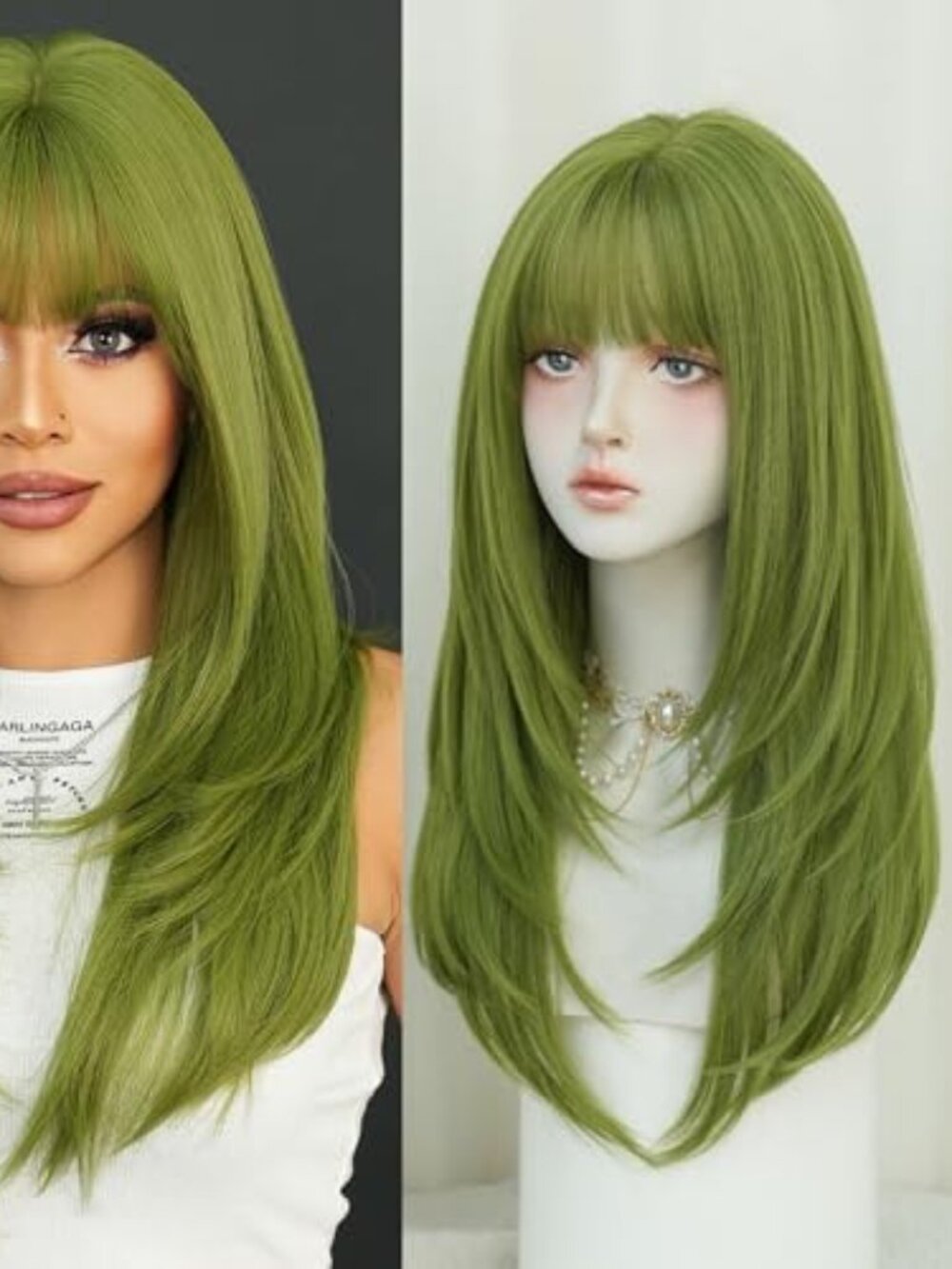 Long Straight Green Synthetic Wig with Bangs‎ 25inch